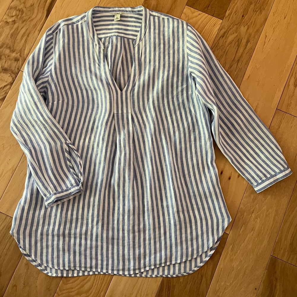 L.LBean Women's Premium Washable Linen Shirt, Blue & White Stripe Sz Large - Picture 2 of 3
